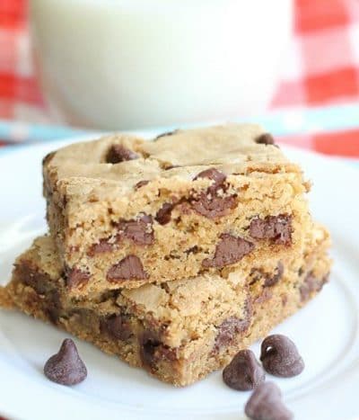One-pan easy chocolate chip cookie bars! No time for cookies, make these instead! Same delicious flavor.
