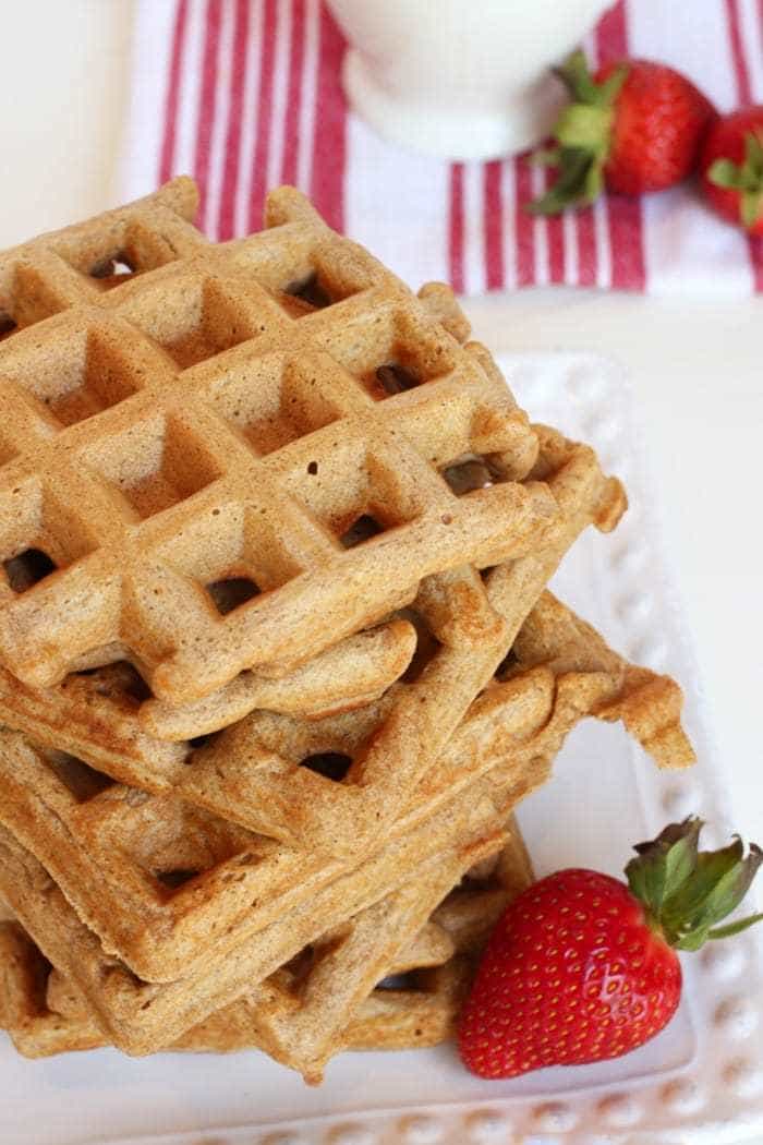 Homemade whole food honey whole wheat waffles make the perfect breakfast! Wholesome and filling!