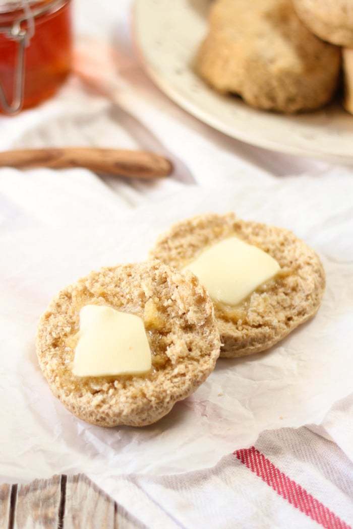 Homemade whole wheat cutout biscuits are super easy and taste delicious! This recipe has no refined sugar and takes only 30 minutes or so!