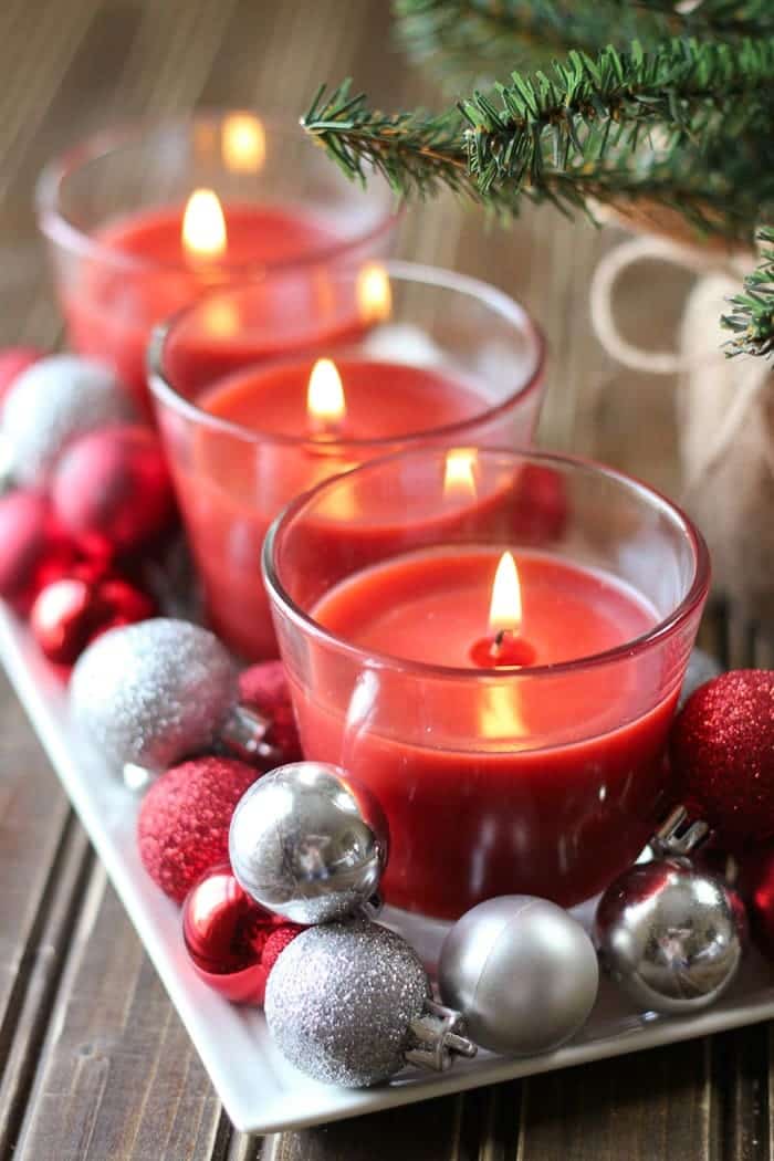 Quick and easy holiday candle centerpiece. So easy even the kids can help!