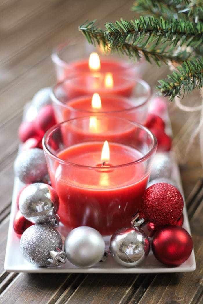 Quick and easy holiday candle centerpiece. So easy even the kids can help!