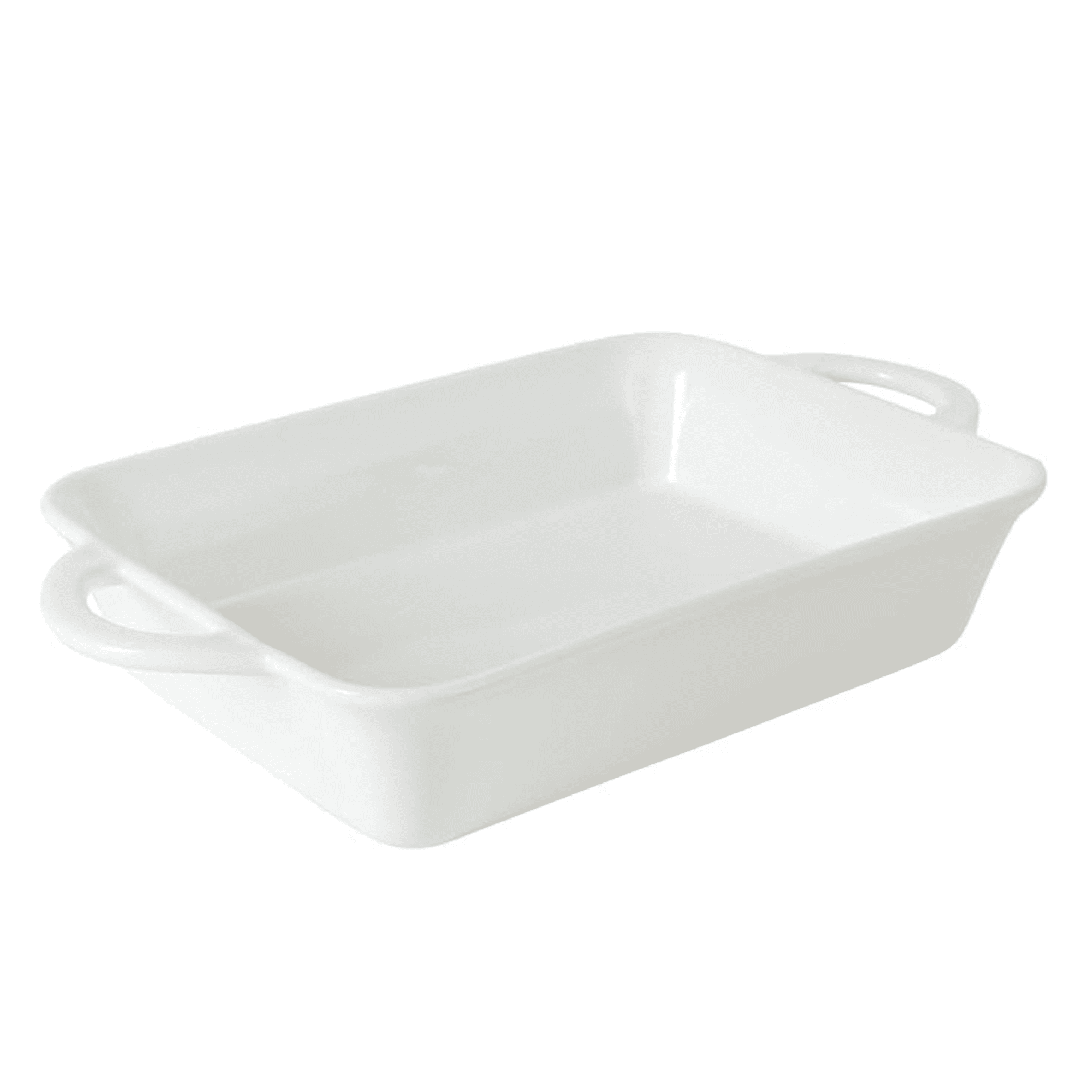 A white 2.5 quart stoneware baking dish with rounded handles.
