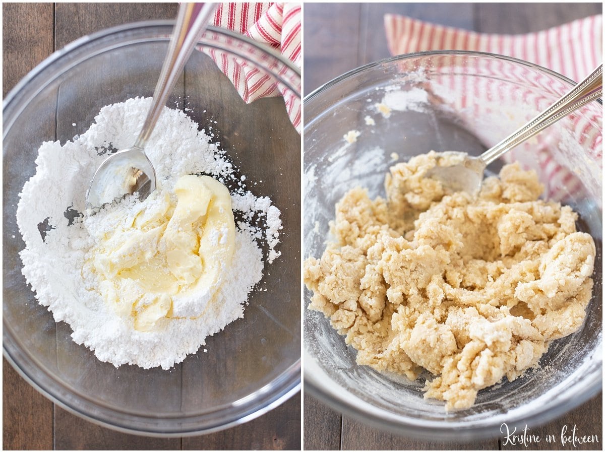 Process shots of how to make pecan snowball cookies.