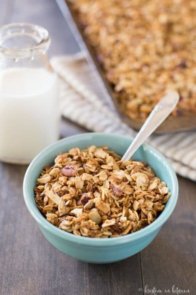 Lightly sweet and crunchy everyday granola made with oats, pumpkin seeds, almonds, pecans, honey, and maple syrup. The perfect whole food way to start the day!