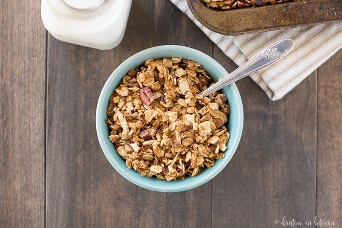 Lightly sweet and crunchy everyday granola made with oats, pumpkin seeds, almonds, pecans, honey, and maple syrup. The perfect whole food way to start the day!