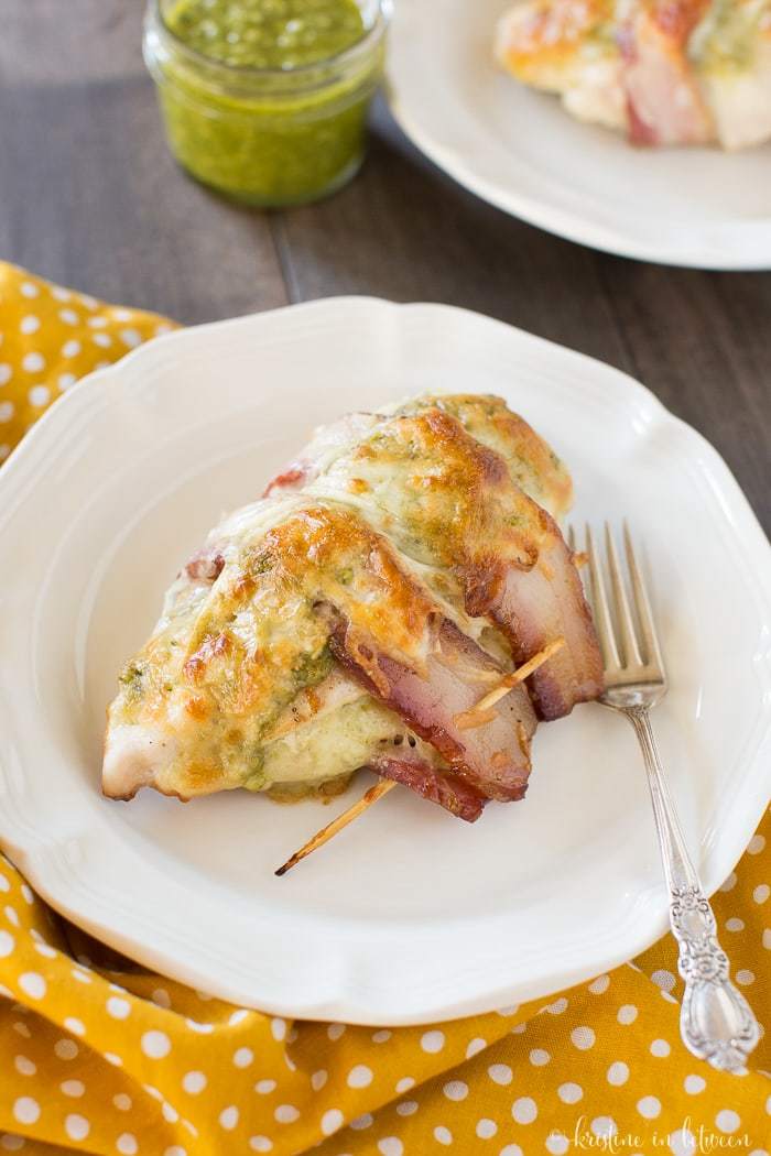 These bacon wrapped pesto chicken breasts are loaded with flavor!