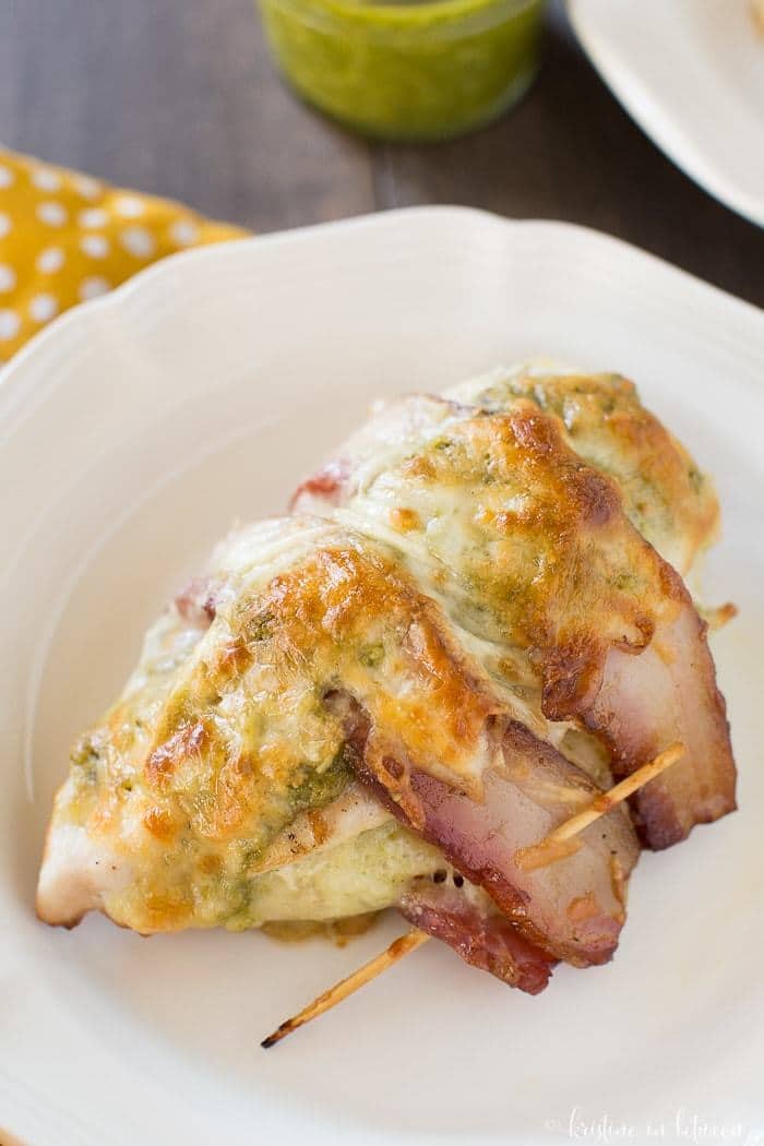 These delicious bacon wrapped pesto chicken breasts are the perfect wholesome dinner!