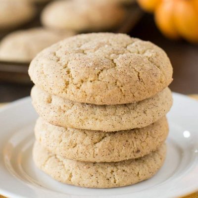 A stack of cookies sitting on a plate with a pumpkin in the background.