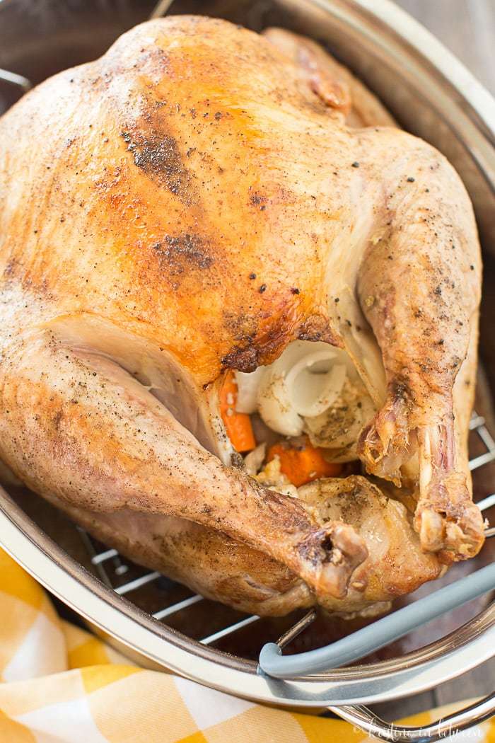 A cooked turkey in a roasting pan, stuffed with fresh veggies.