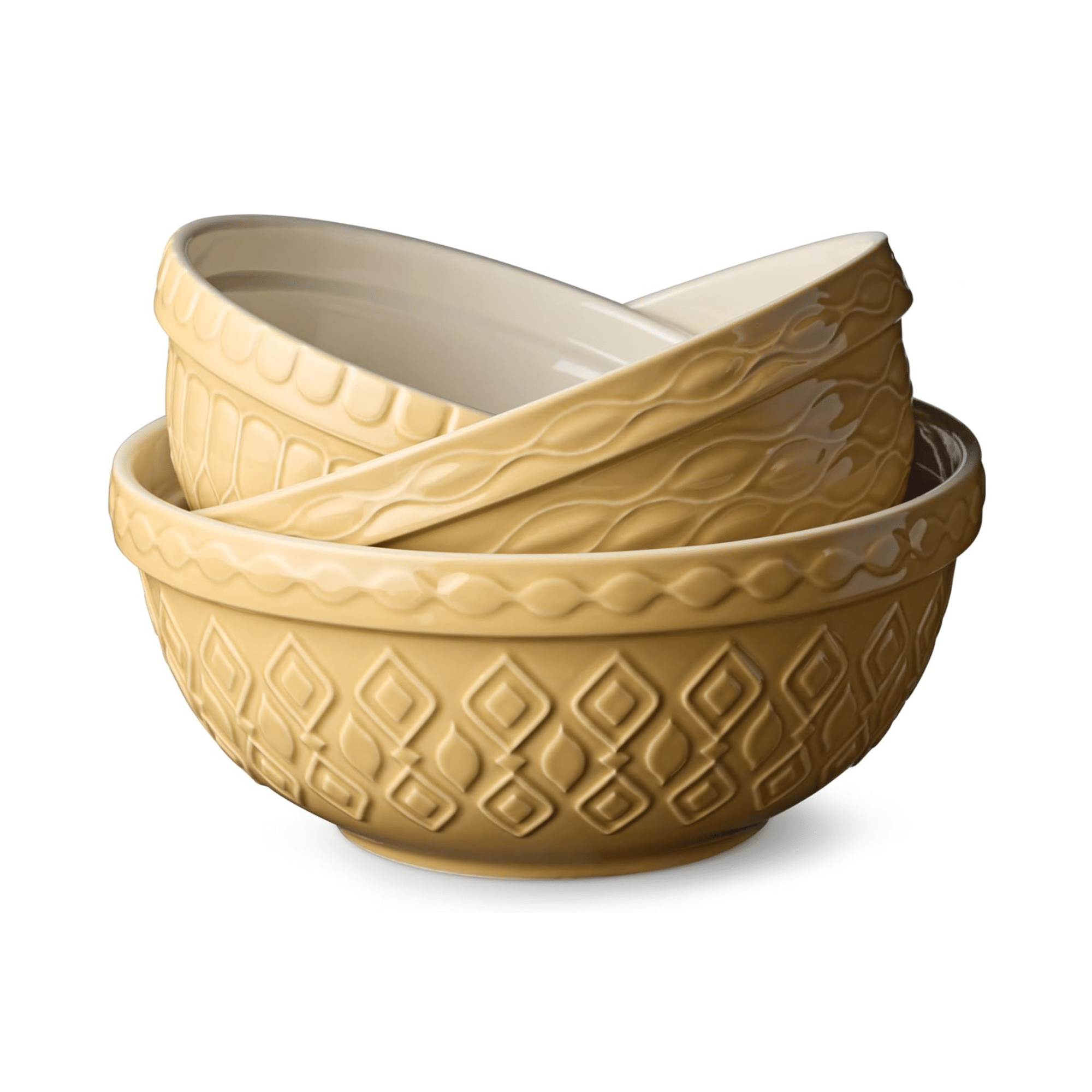 Three gold textured stoneware mixing bowls.