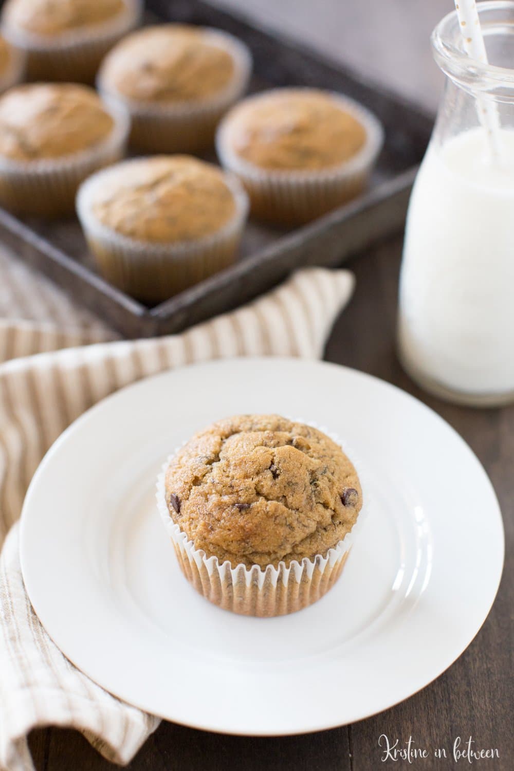 These are the best whole wheat peanut butter banana muffins with chocolate chips!