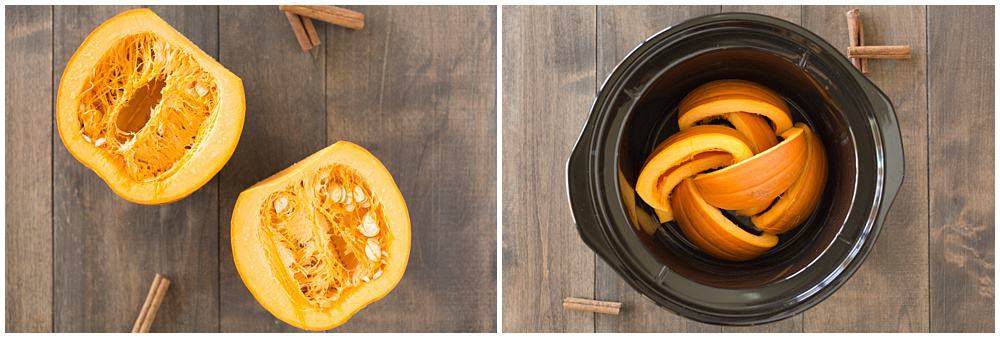 Pumpkins cut in half getting ready to be cooked in the Crock-Pot.