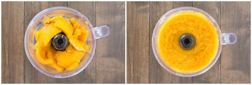 Pumpkin puree in the food processor, before and after being pureed.