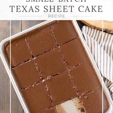 Small-batch Texas sheet cake in a pan with a brown and white striped napkin