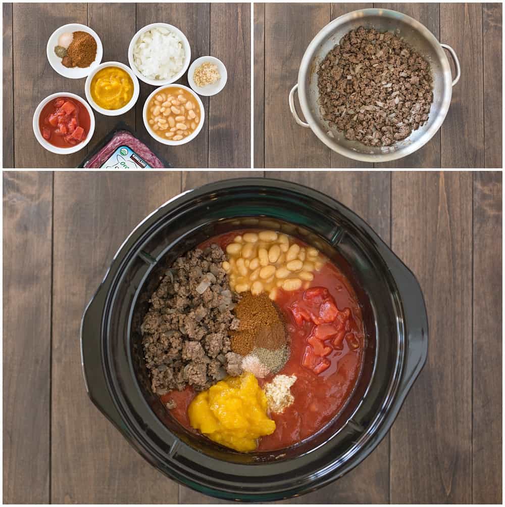 Process shots for pumpkin chili in the Crock-pot.