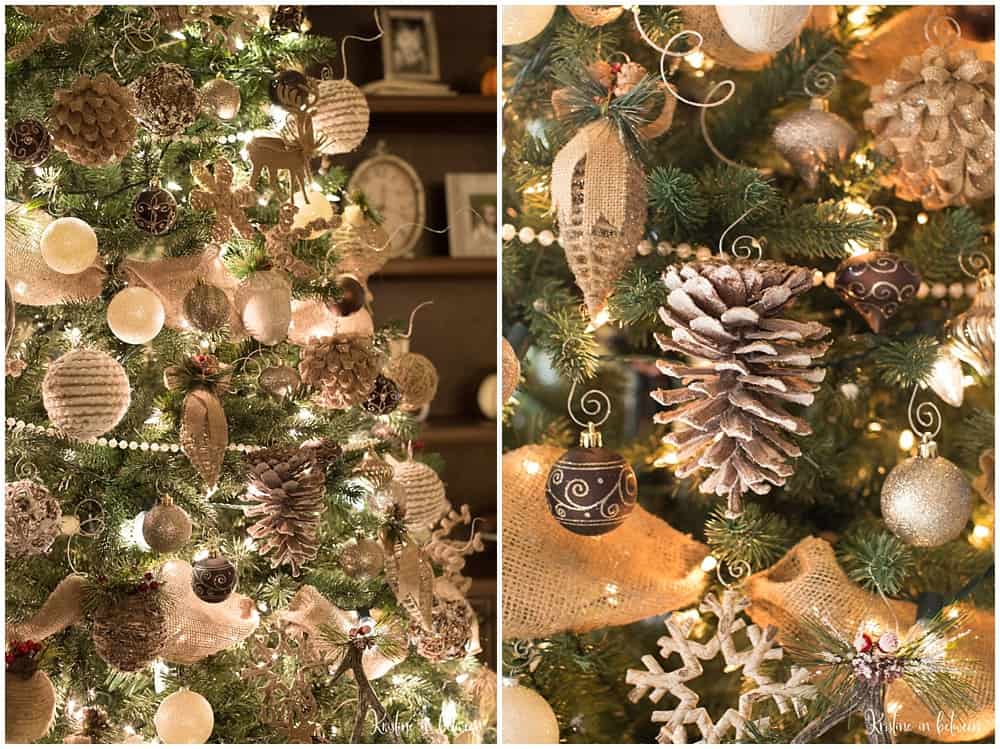 A fully decorated and lit Christmas tree with neutral colored ornaments.