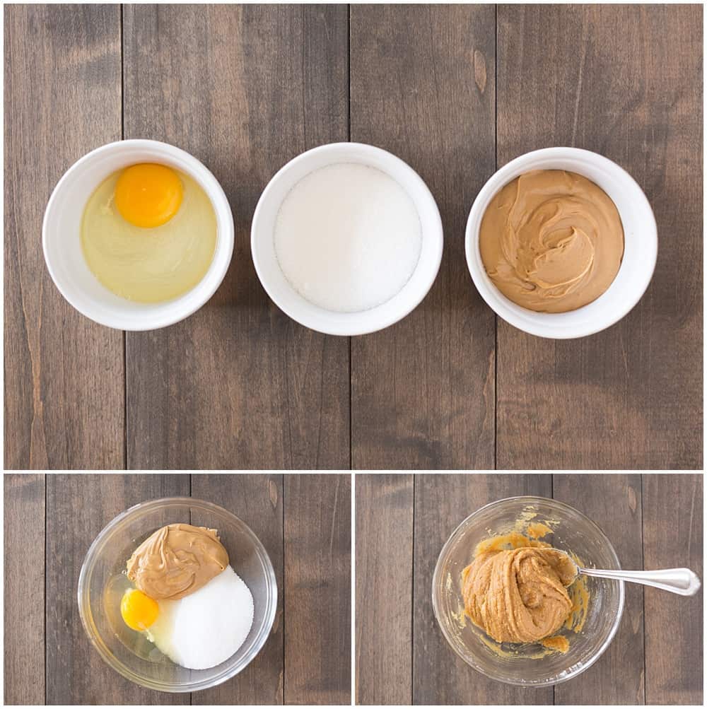 An egg, sugar, and peanut butter sitting in ramekins.