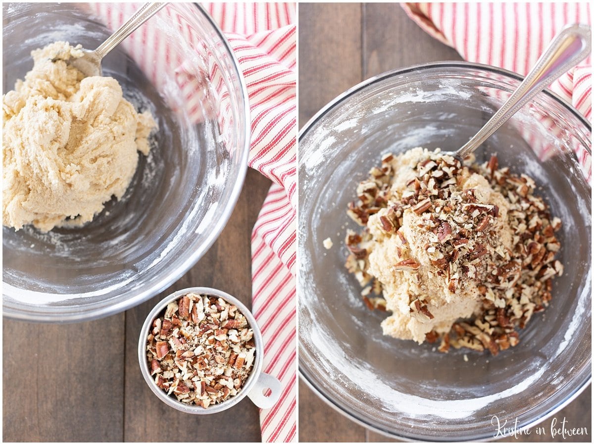 Process shots of how to make pecan snowball cookies.