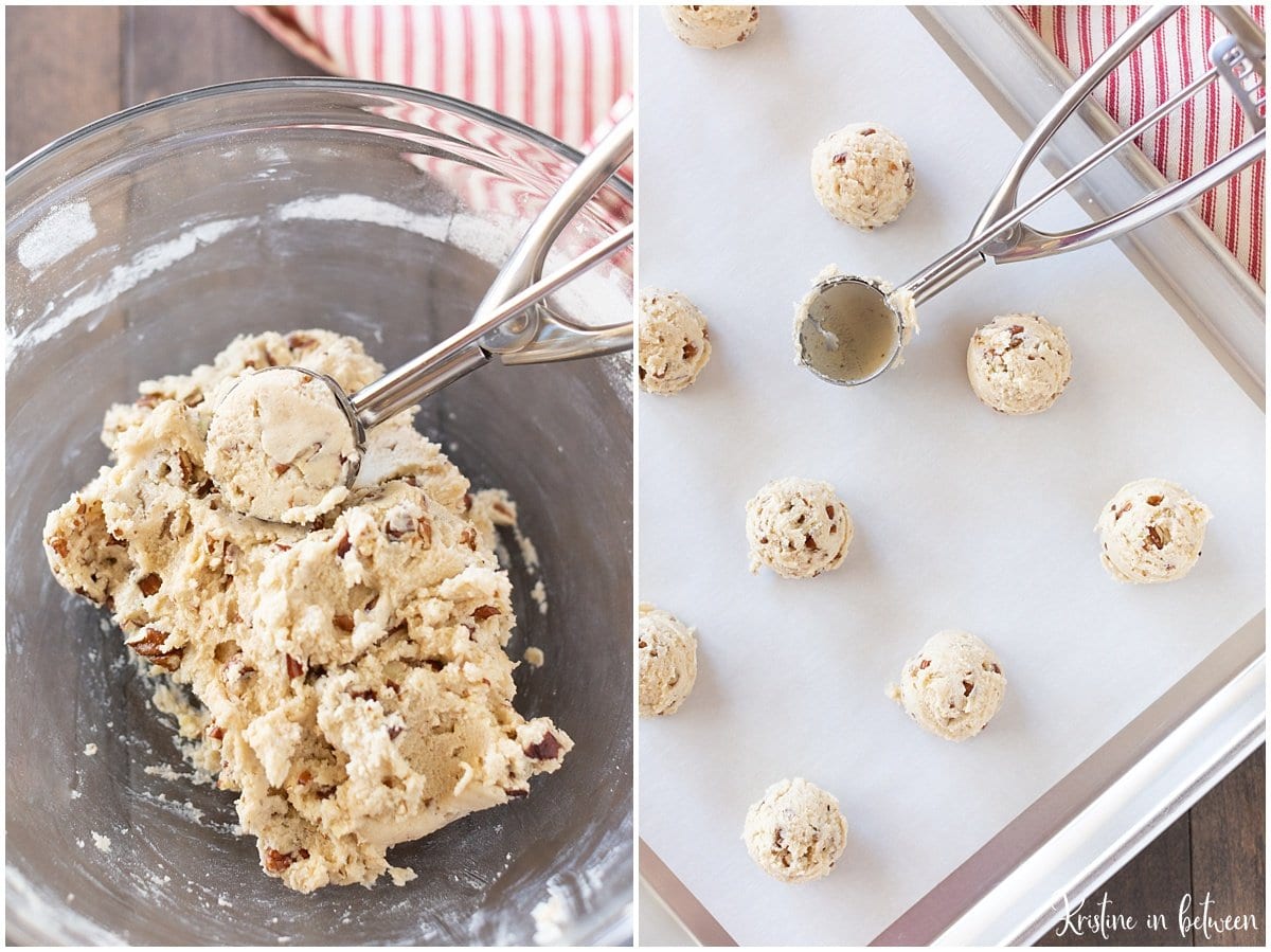 Process shots of how to make pecan snowball cookies.