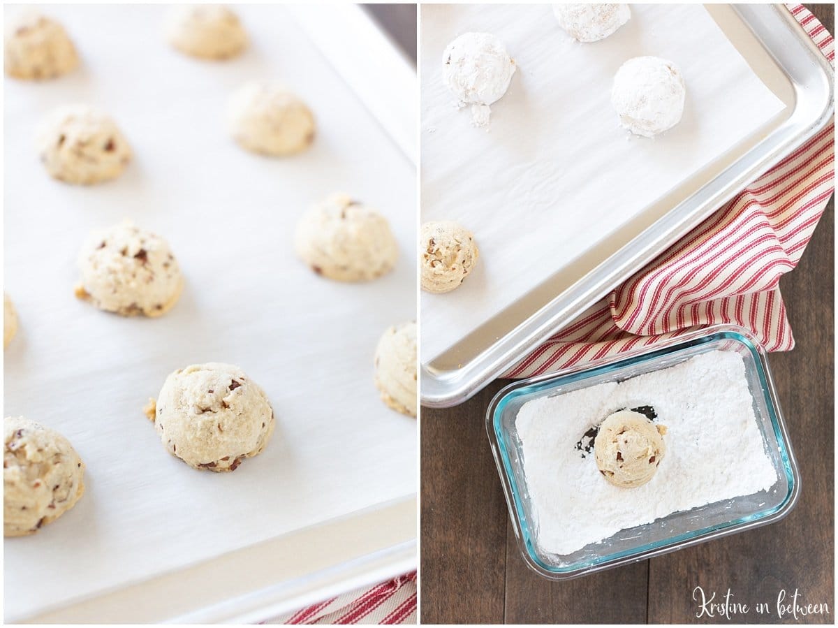 Process shots of how to make pecan snowball cookies.