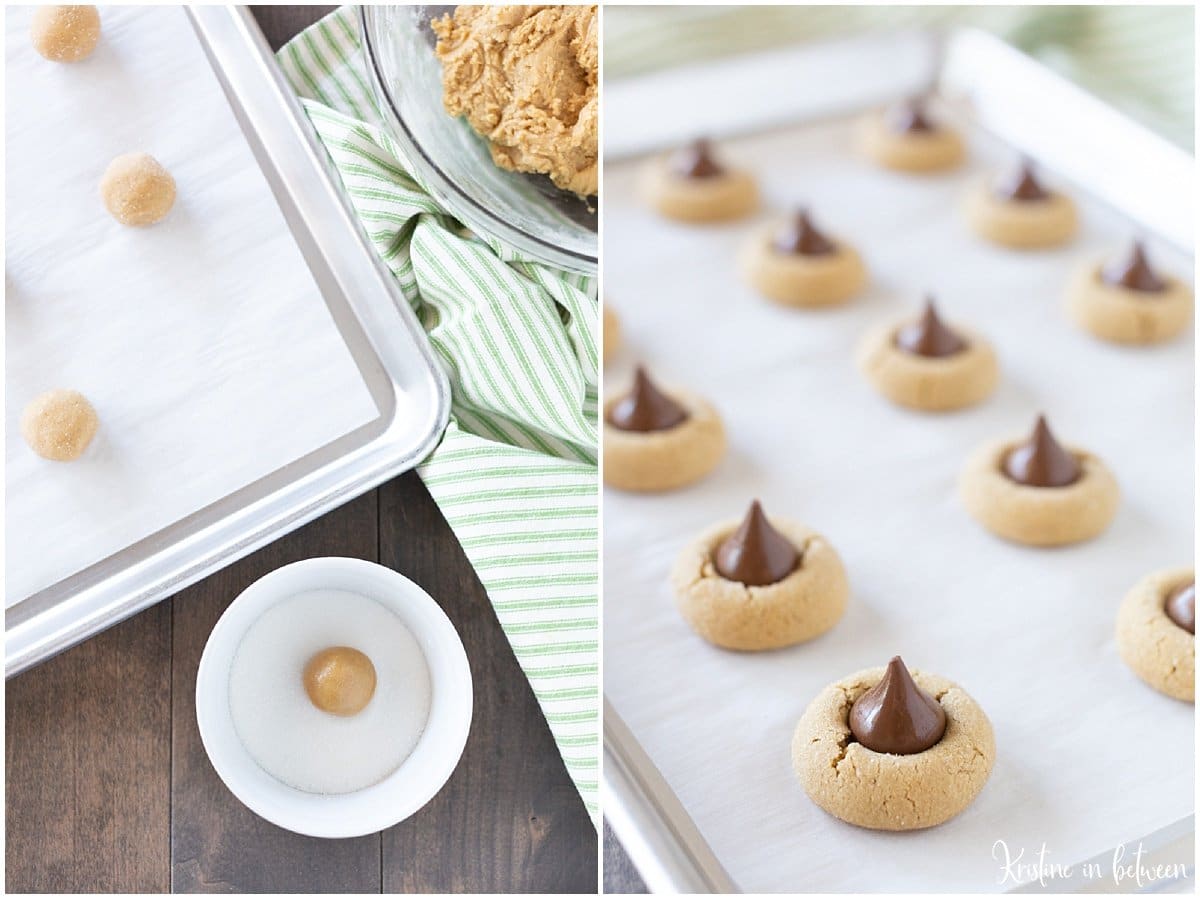 Process shots of how to make peanut butter kiss cookies.