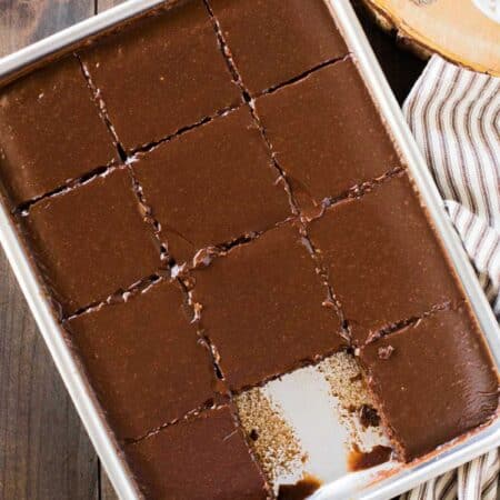A small-batch Texas sheet cake in a quarter sheet pan, sliced and ready to serve.