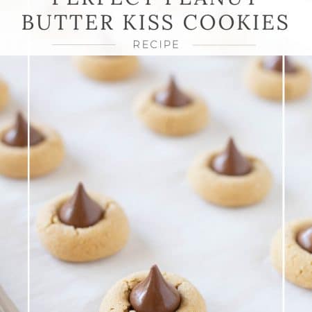 Peanut butter kiss cookies with a green striped napkin in the background
