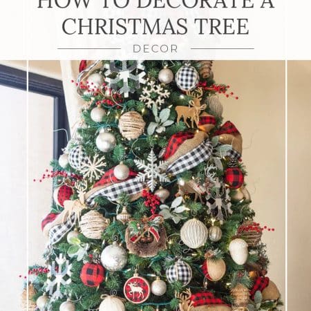 A fully decorate Christmas tree with the title for Pinterest