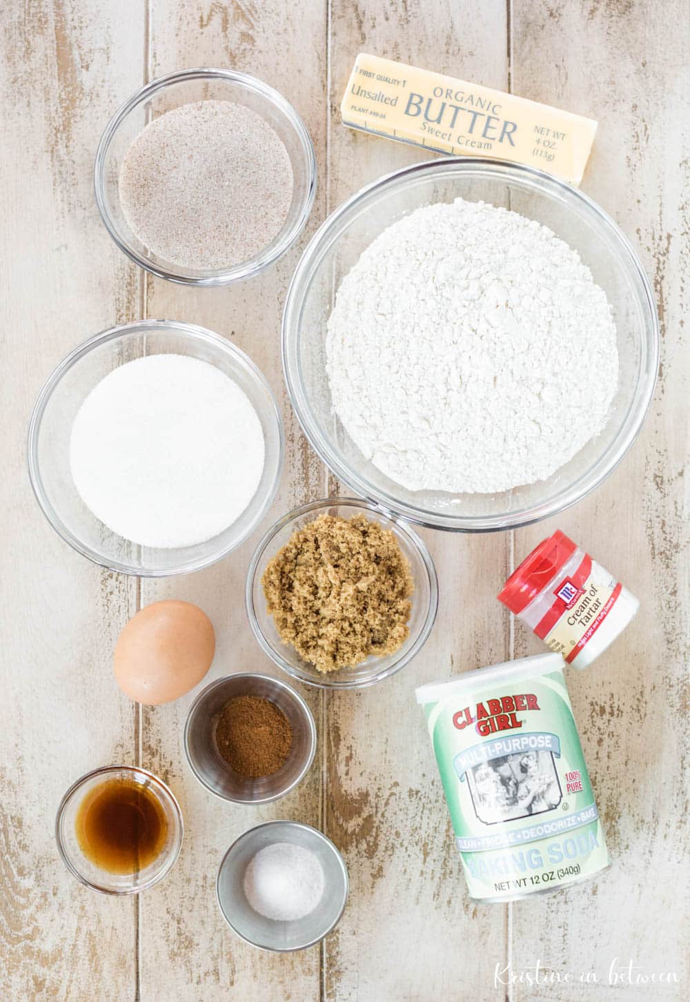 Ingredients needed to make this chewy snickerdoodle recipe.