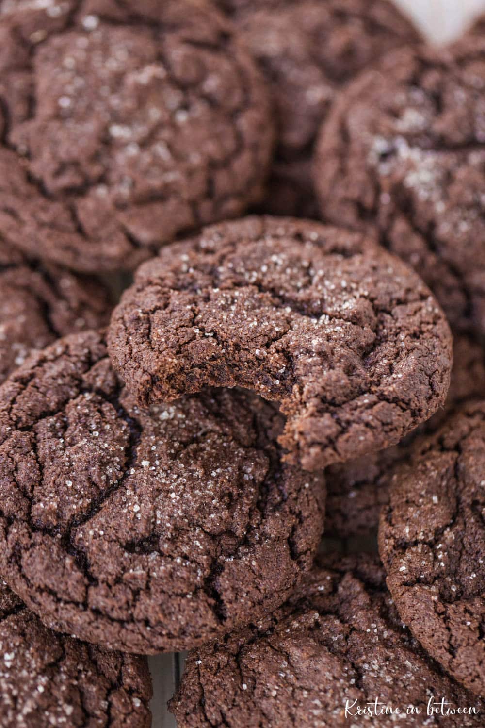 A stack of cookies with a bite out of the top cookie, showing the texture.
