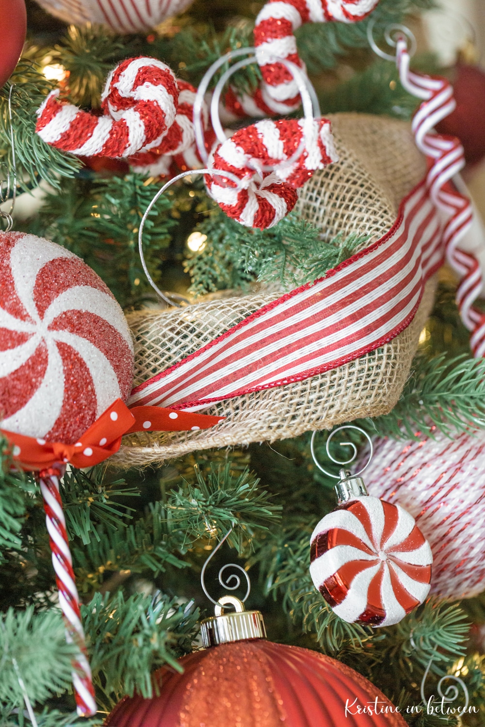 Burlap and ribbon wrapped around a Christmas tree.