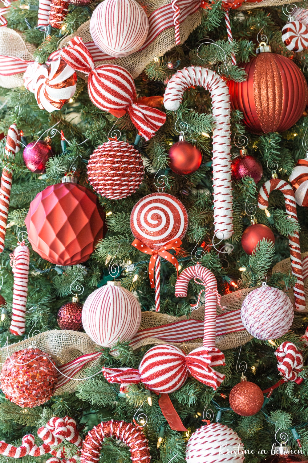 Red and white candy cane ornaments hanging on a Christmas tree.