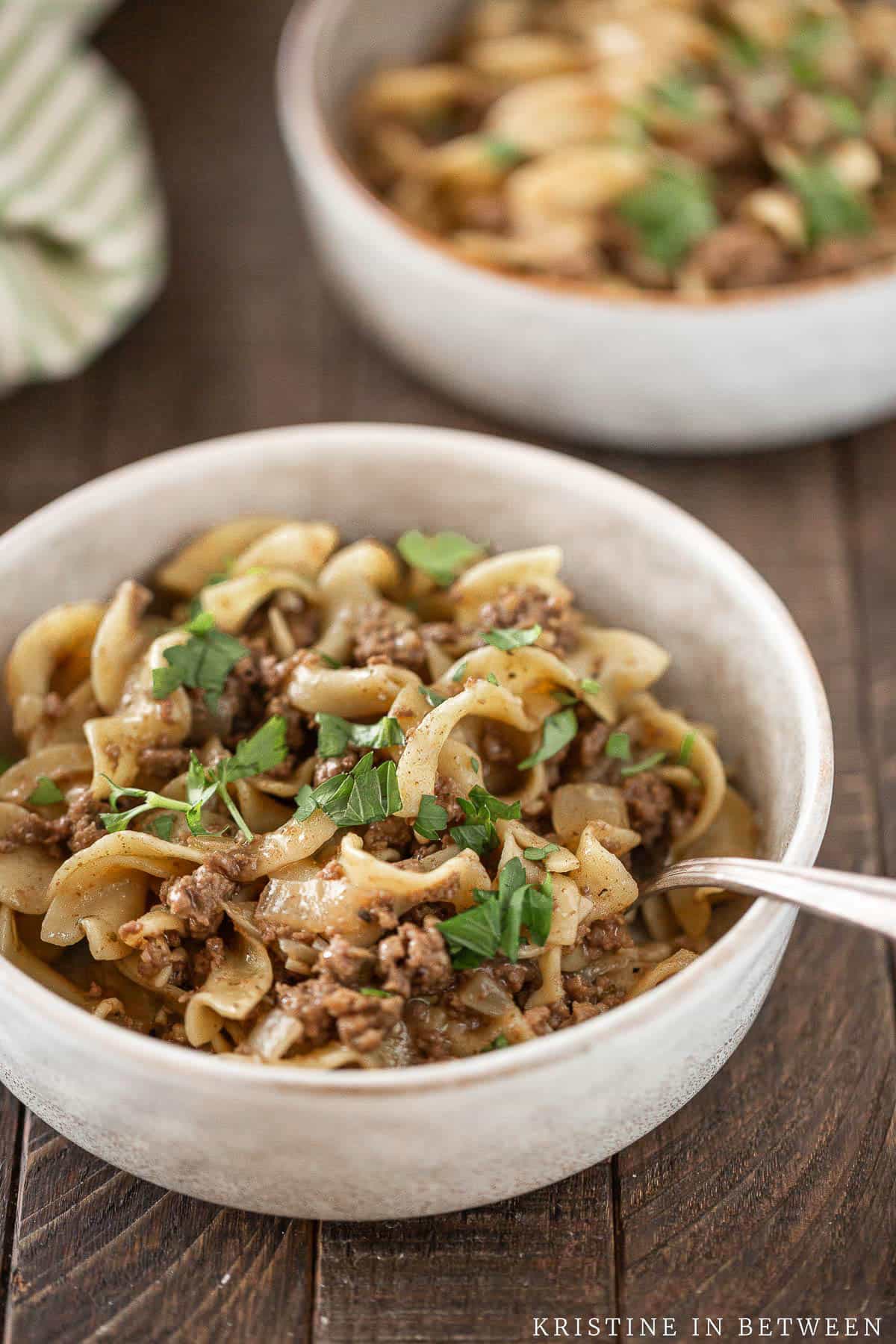 A bowl of beef and noodles with a fork in it.