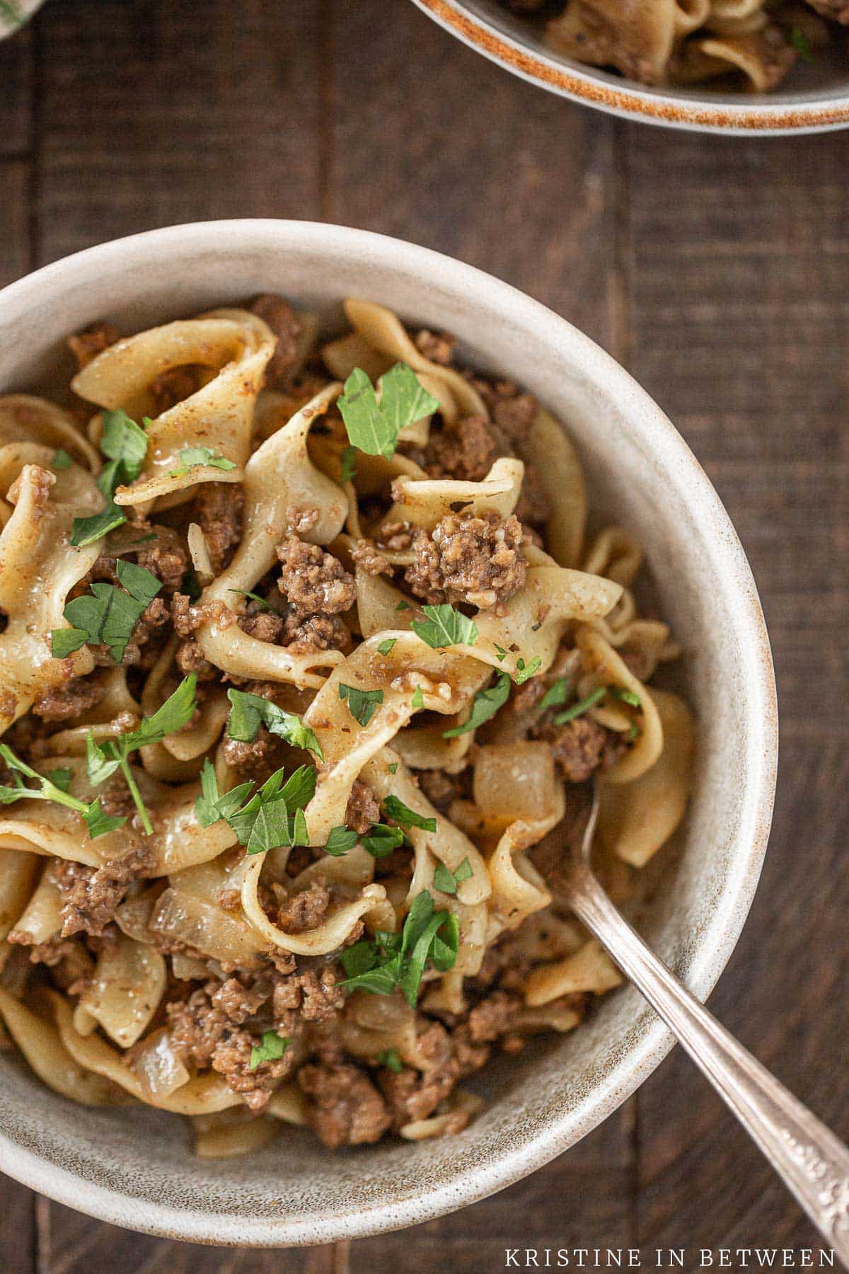 A bowl of beef and noodles with chopped parsley on top.
