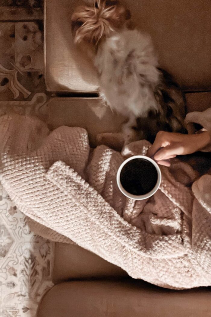 A woman sitting on the couch in her robe in the early morning drinking coffee with her dog.