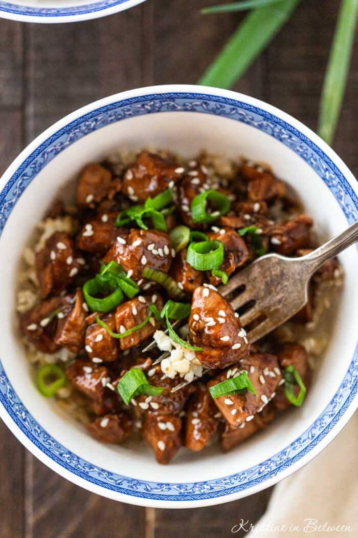 A chicken teriyaki rice bowl with a fork stuck in it and some green onion in the background.