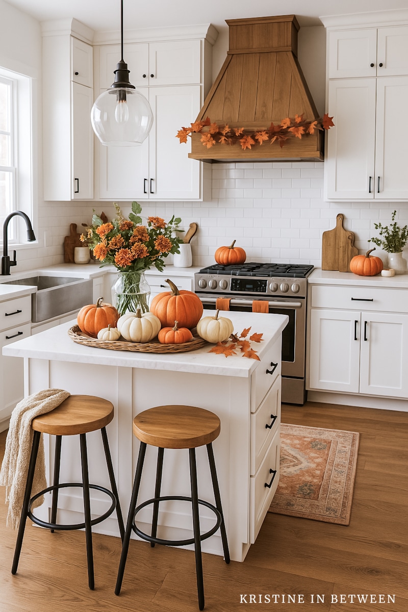 A farmhouse kitchen, tastefully decorated for fall.