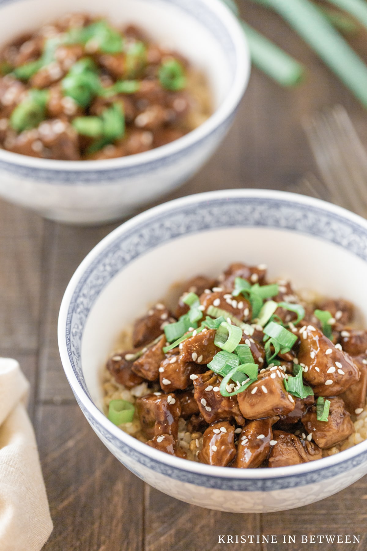Two bowls of chicken teriyaki with two forks and some green onions in the background.