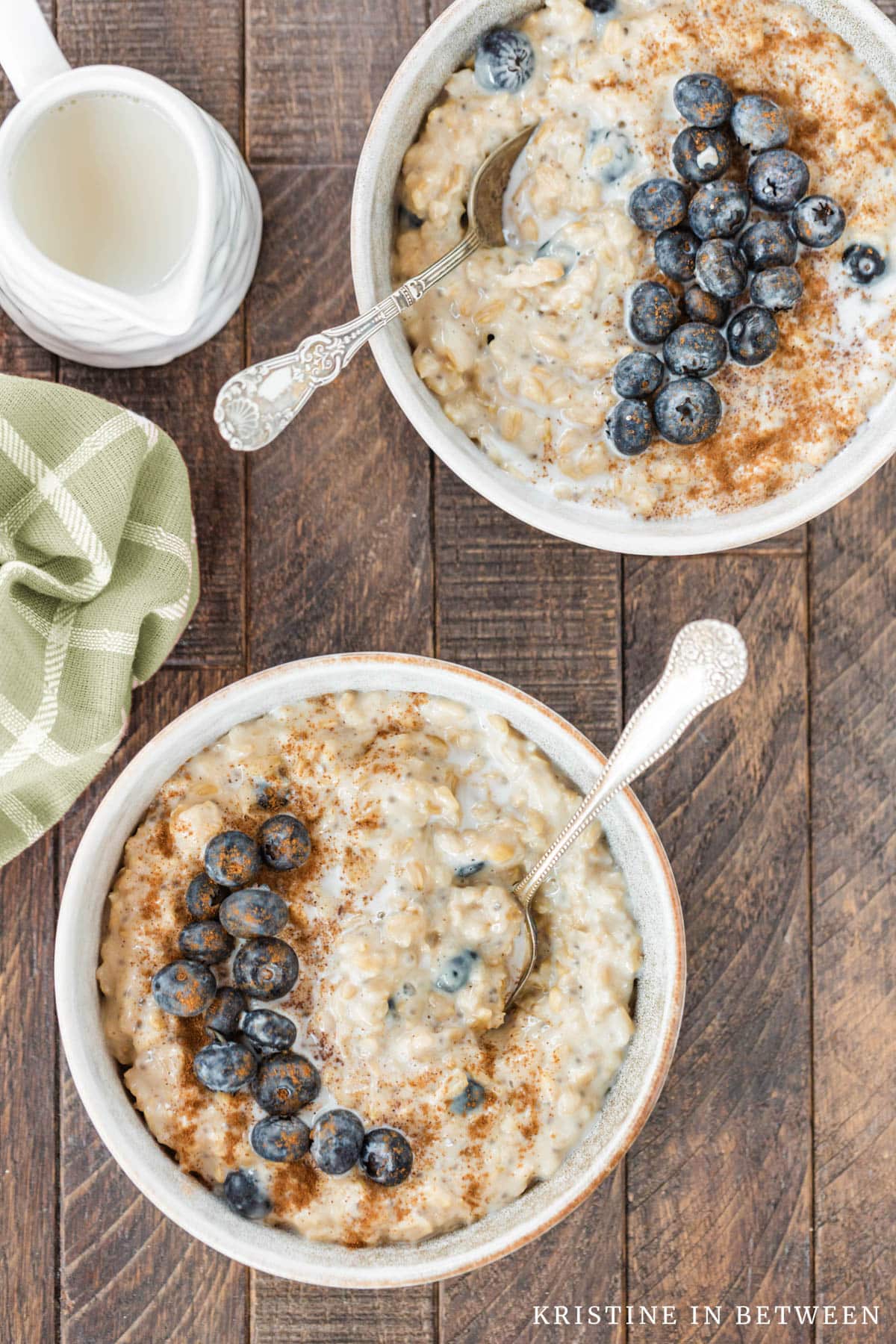 Two bowls of oatmeal topped with blueberries and cinnamon with spoons in them.