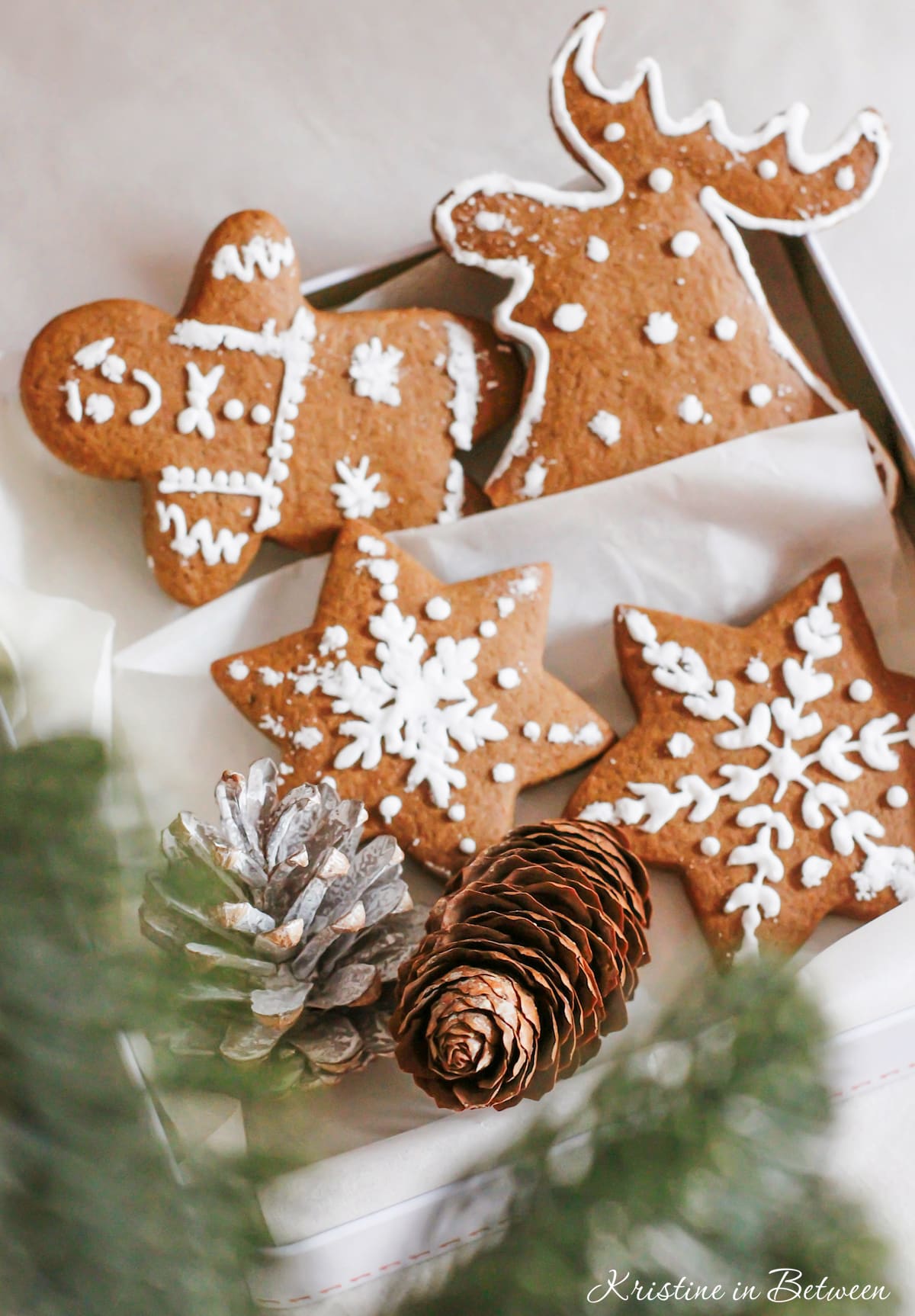 Iced gingerbread cookies in a box with tissue paper.
