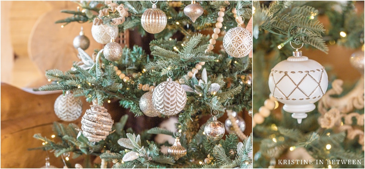 Closeup pictures of white Christmas ornaments on a minimally decorated tree.