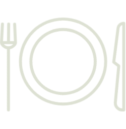 Plate, fork, and knife icon with green outline.