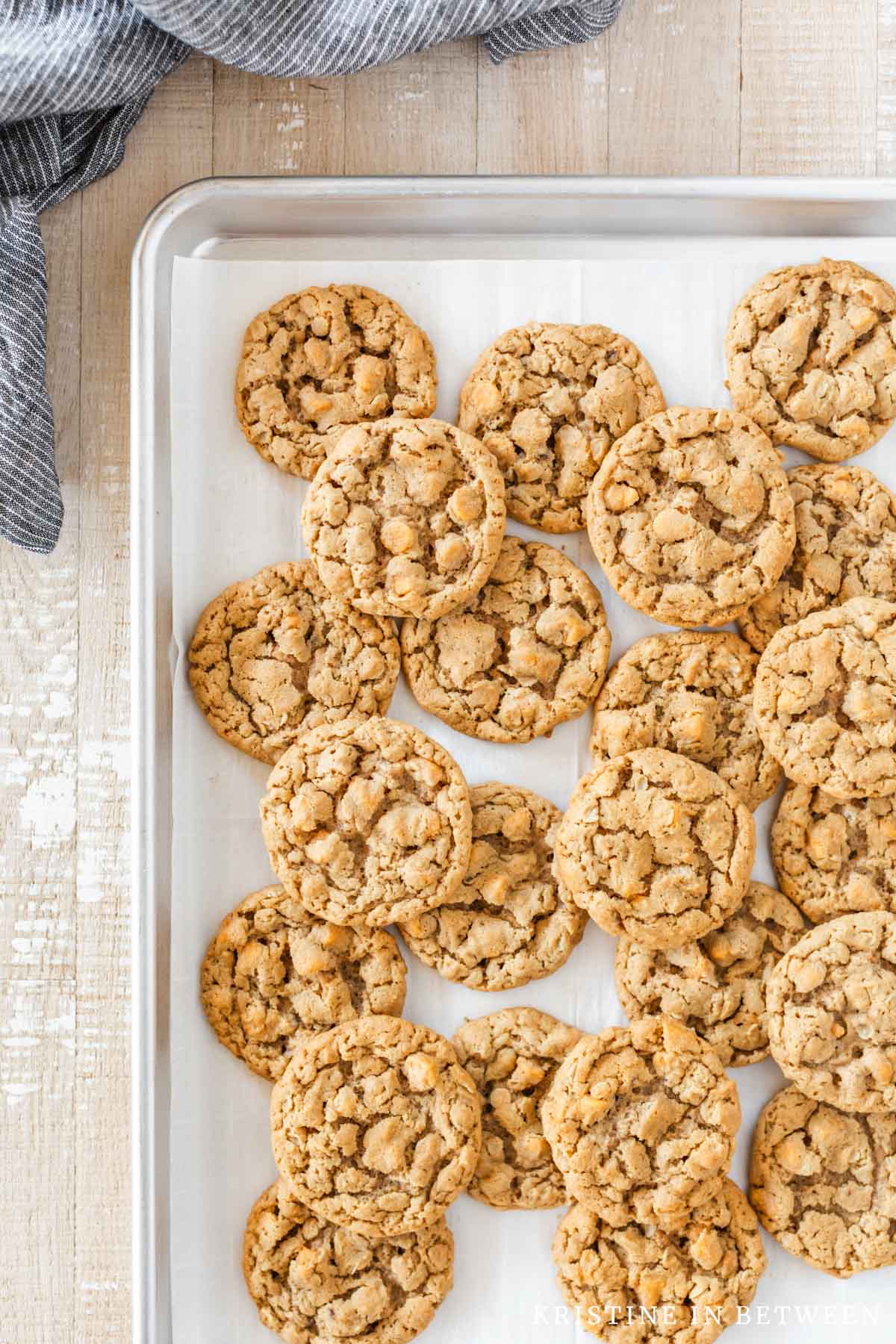 Peanut butter oatmeal butterscotch cookies piled up on a baking sheet with a blue striped napkin next to them.
