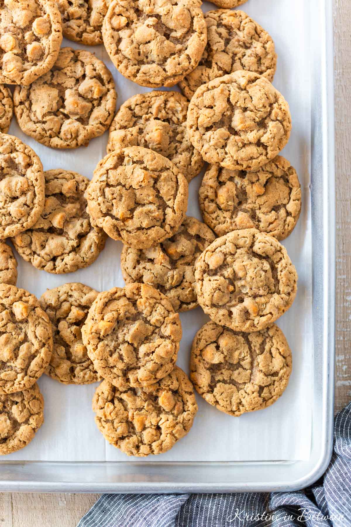 Peanut butter oatmeal butterscotch cookies laying on a baking sheet with a striped napkin next to them.