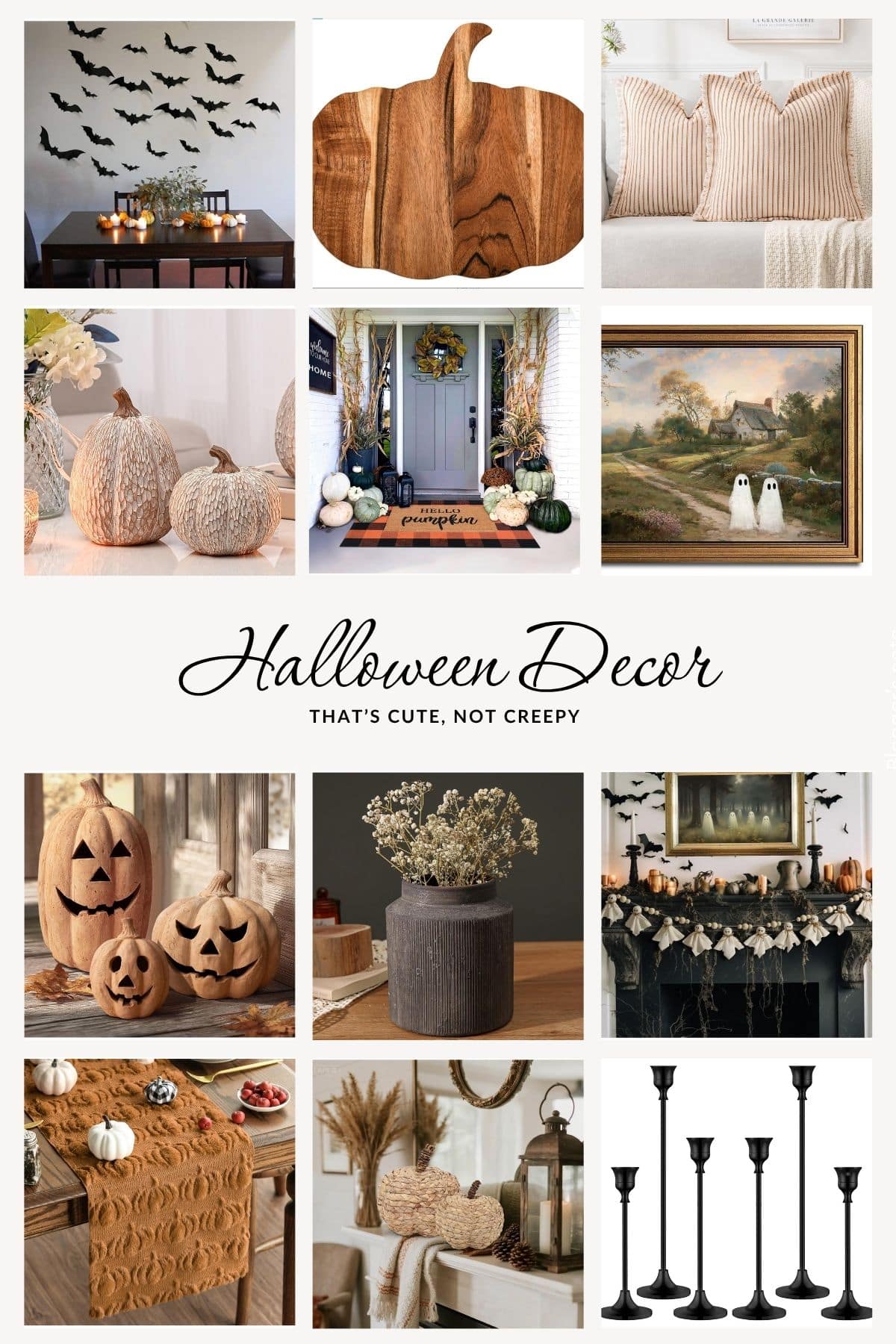 A collage of cute, not creepy halloween decor.