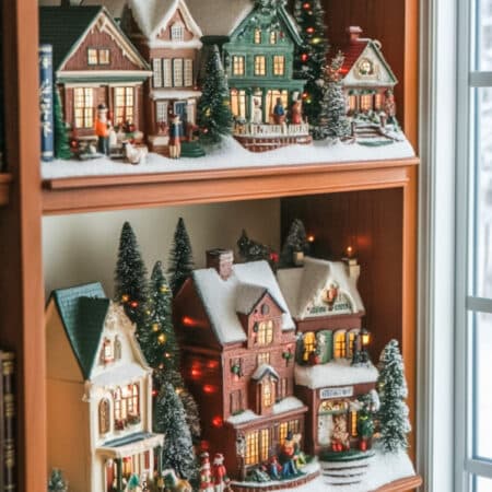 A Christmas Village displayed on a wooden bookshelf.