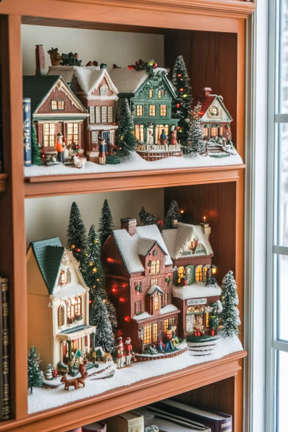 A Christmas Village displayed on a wooden bookshelf.