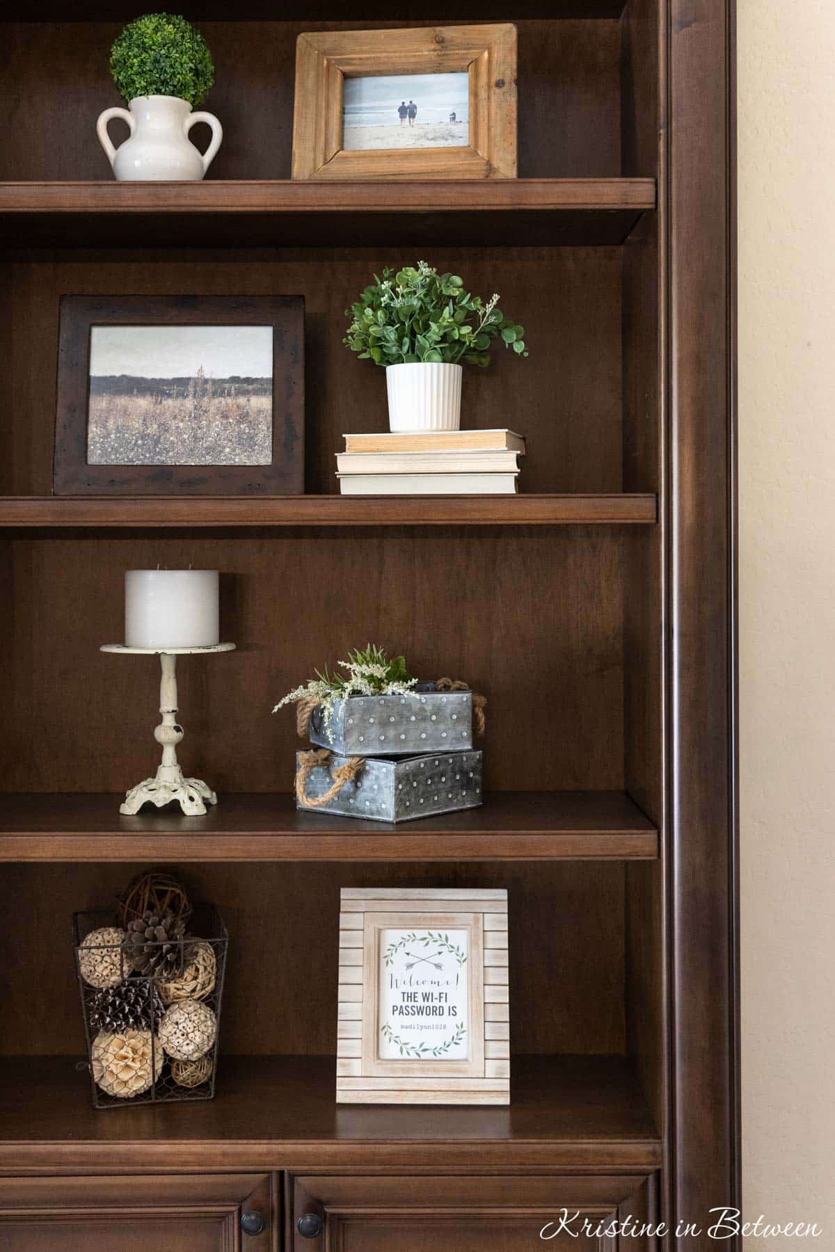 Style bookshelves with farmhouse decor.