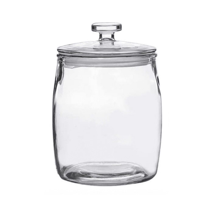 Glass canister with lid.