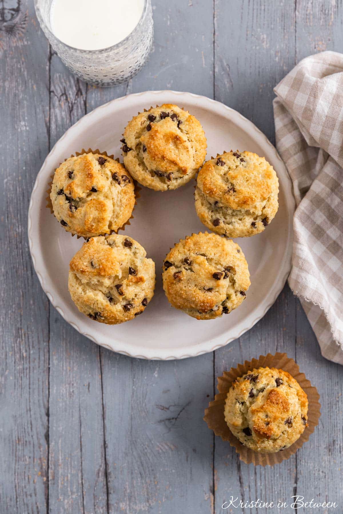 Small-batch chocolate chip muffins on a white plate with a glass of milk.